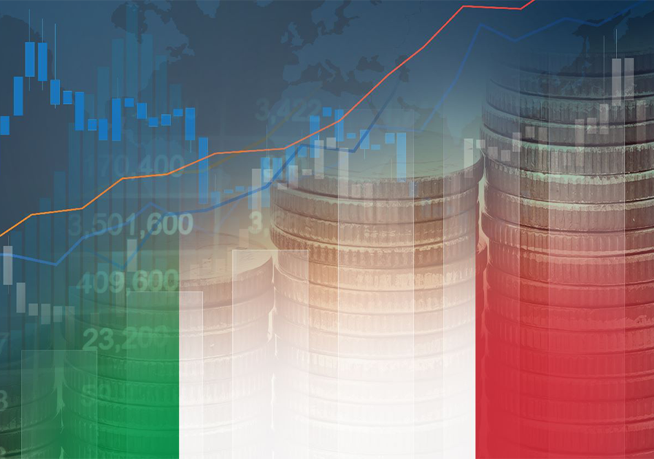 Flagge von Italien und steigender Aktienkurs als Symbol für das Power-Zentrum in Südeuropa