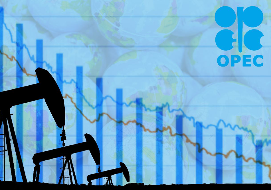 OPEC Emblem mit schematisch dargestellten sinkenden Ölpreis